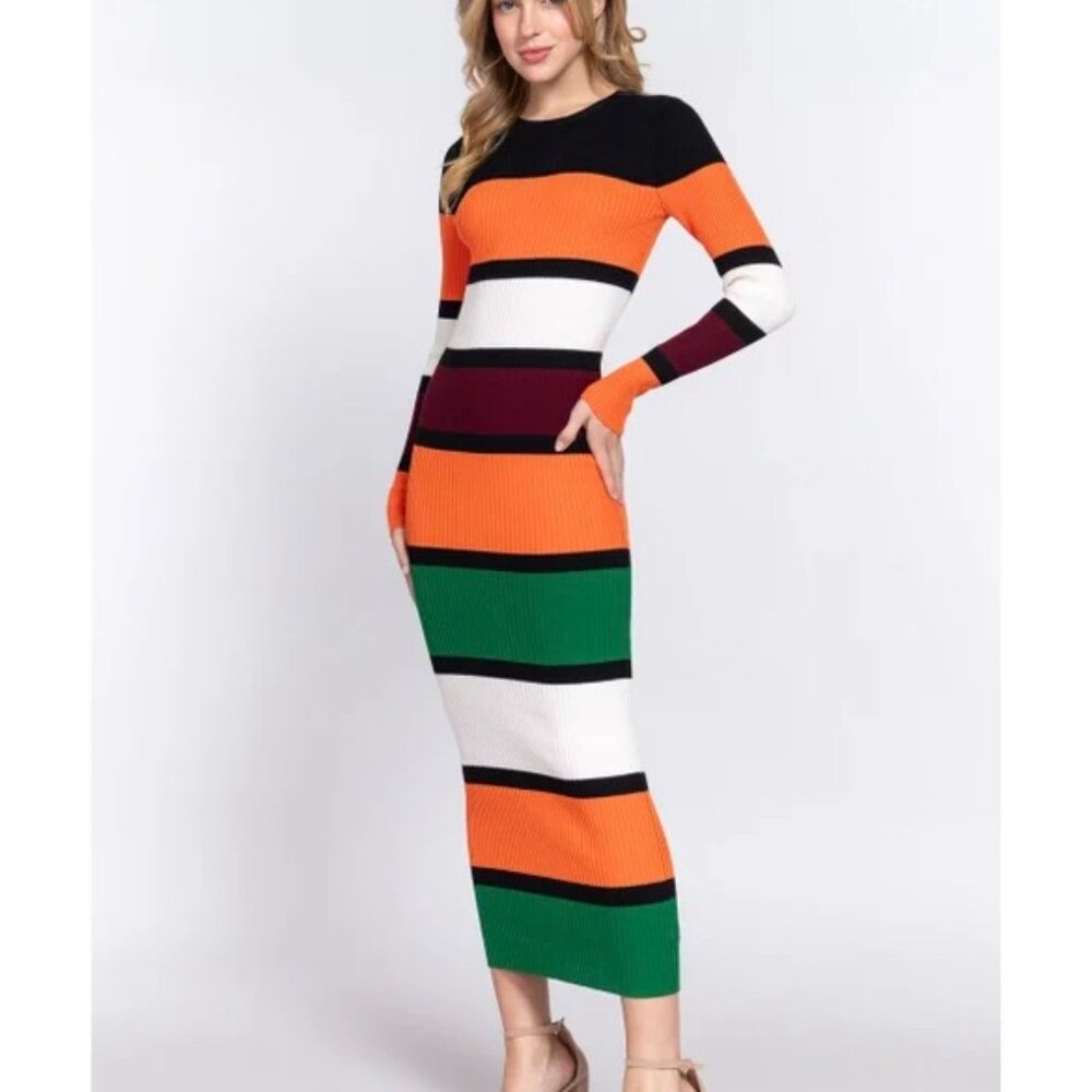 Orange & Burgundy Sweater Long Maxi Dress